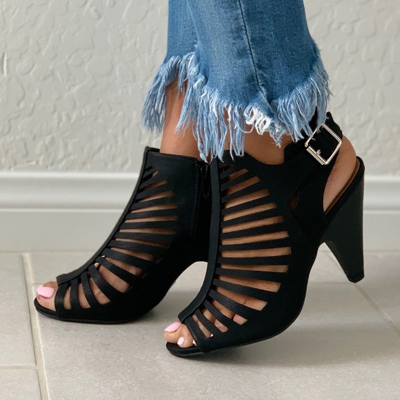 NIB Black Caged Peep Toe Cone Heel Ankle Bootie - Picture 2 of 7